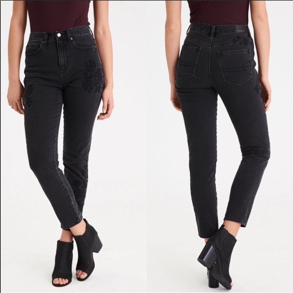 American Eagle Mom Jeans Embroidered Floral Black